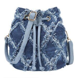 Denim Quilted Distressed Mini Bucket Satchel Purse Crossbody Shoulder Bag
